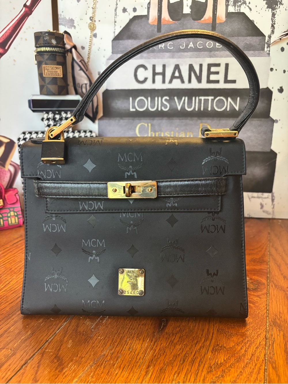 Vintage MCM Black Visetos Kelly Style Top Handle Bag Lock & Keys